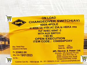 HPL Front Operated 400 amp 4Pole Electric On Load Changeover Switch, 415V , Open Execution